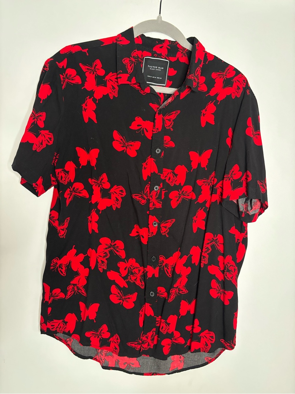 Cactus Black Short-Sleeve Button-Up with Red Butterfly Print